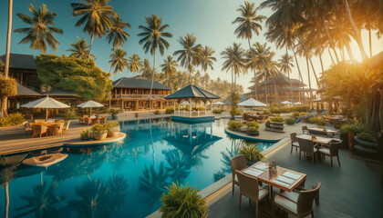 Fototapeta premium Serenity washes over a poolside paradise framed by lush palms and sleek design.