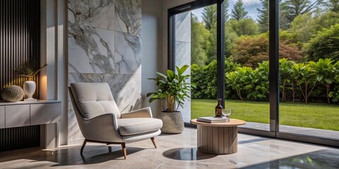 Fototapeta premium Stylish interior design of a lounge. A large armchair and walls with a marble texture.