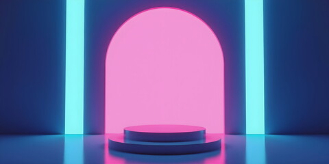  A pastel circular podium with vibrant pink and blue gradient tones,illuminated by soft,diffused light. Clean, modern aesthetic, vibrant colors, and minimalistic design, scene for products.