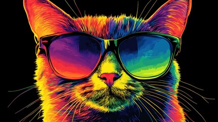Cool cat wearing sunglasses with a vibrant, colorful, neon, psychedelic, and abstract art style.