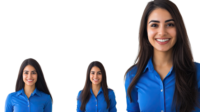 Smiling Businesswomen in Blue Shirts on a Clear Background Generative AI