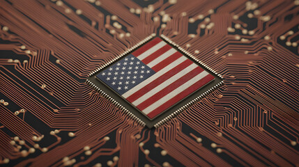 The USA flag displayed on a circuit board chip, symbolising technological innovation and leadership in the semiconductor and electronics industries