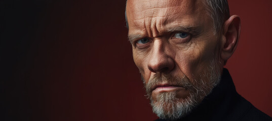 Fototapeta premium Serious Intensity: Middle-Aged Man's Focused Portrait on Deep Maroon Background for Print Design