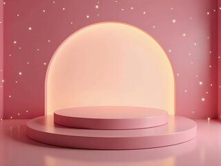 Fototapeta premium A pastel circular podium with vibrant pink, red and peach gradient tones,illuminated by soft,diffused light. Clean, modern aesthetic, vibrant colors, and minimalistic design, scene for products.