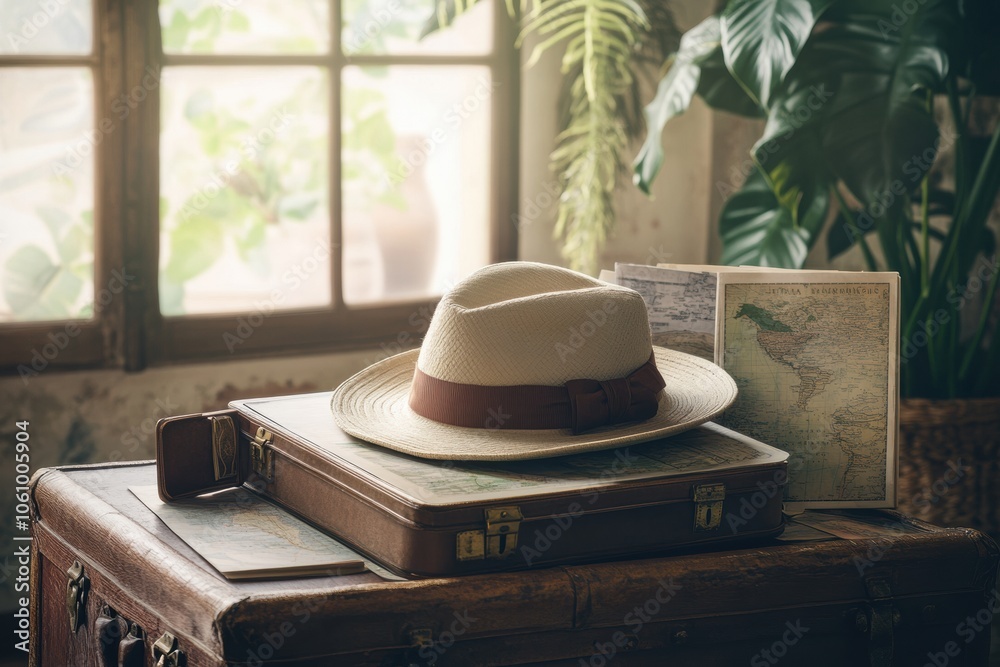 Aufkleber a travel hat rests on an open suitcase, with maps and travel guides scattered around in a sunlit roo