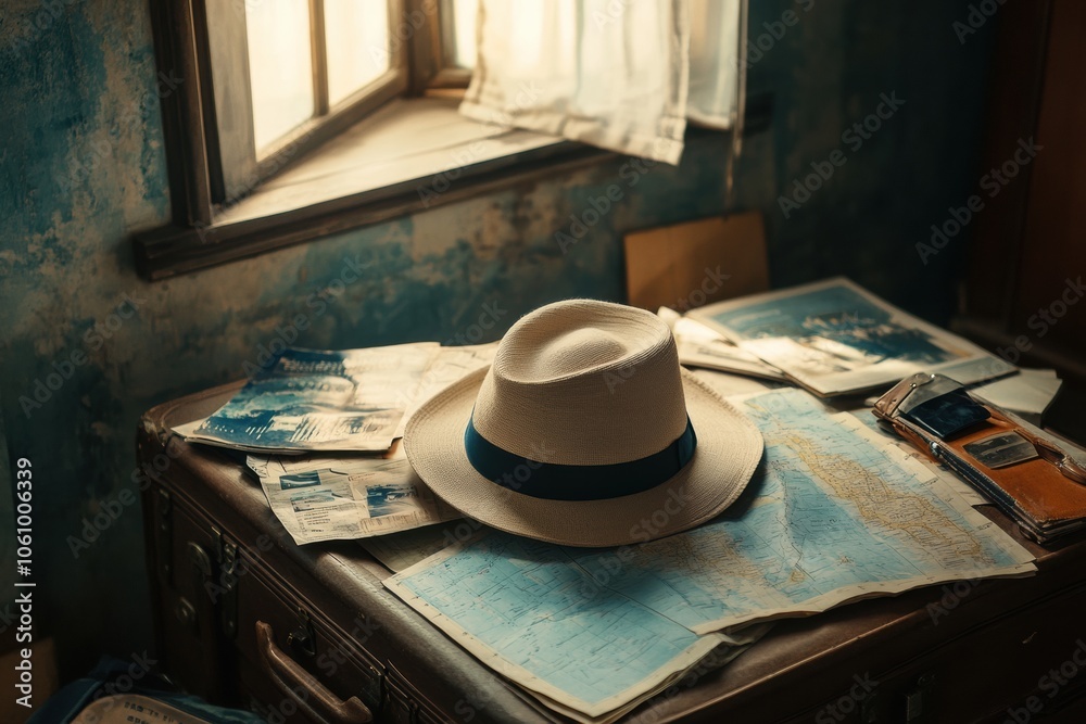 Aufkleber A travel hat is placed on an open suitcase, surrounded by colorful maps and guides, capturing the excitement of planning a journey. Generative AI
