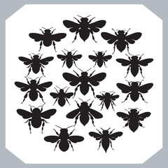 Bee simple logotype icon, Bee silhouette set collection, hand drawn Bee on white background