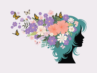 Vector illustration of a girl silhouette with flowers and butterflies on a white background.