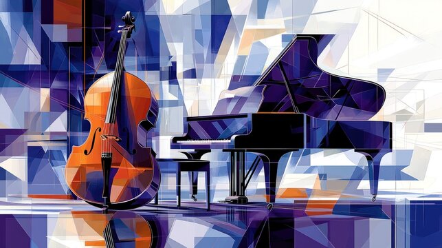 A cello and a grand piano on a stage, with geometric patterns in the background.