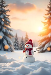 A snowman with a red hat and scarf stands in a snowy forest at sunset.
