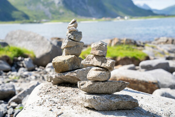 Stack of stones in Lofoten islands, Norway