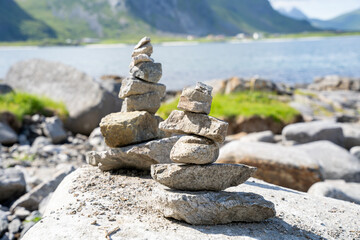 Stack of stones in Lofoten islands, Norway