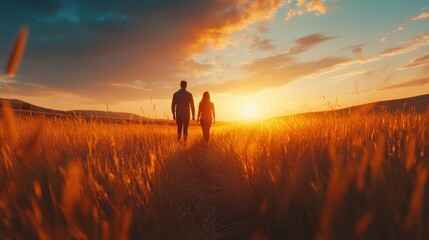 Silhouette of a couple walking in a field at sunset.