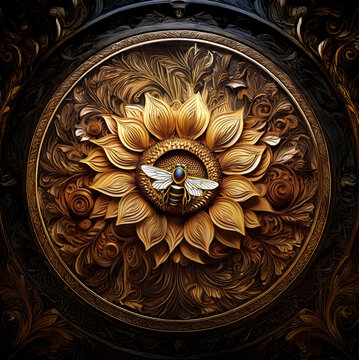 wood carving of beee and sunflower