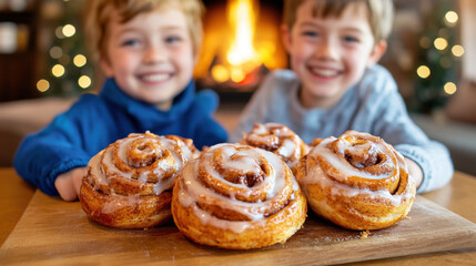 Two smiling children enjoy freshly baked cinnamon rolls with icing in cozy setting. Happy Children.