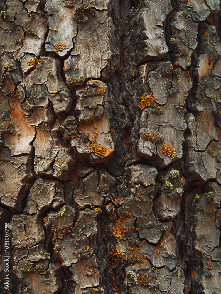 Aufkleber A close-up view of tree bark with a rough texture and orange lichen growing on it