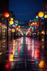 Fototapeta premium Festive holiday street decorated with colorful orbs and lights, reflecting vibrantly on a wet pavement at night. Generative AI