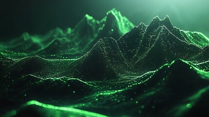 Naklejka premium 3D-rendered mountains with green dots and line wave patterns on a dark background in high-resolution detail