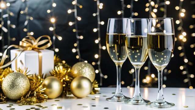 New Year and Christmas, a box with gifts and glasses of champagne