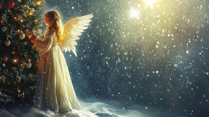 Naklejka premium The Enchanting Angel stands gracefully by the Christmas Tree set in a magical Winter Wonderland scene