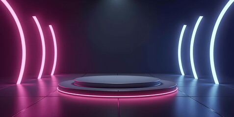 A pastel circular podium wwith metallic glassy textures, infused with neon pink, orange,and blue reflections. Clean, modern aesthetic, vibrant colors, and minimalistic design, scene for products.
