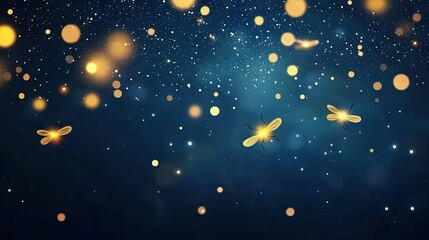 Fototapeta premium A swarm of golden butterflies flits through the starry night, surrounded by countless tiny yellow and white light orbs drifting upward