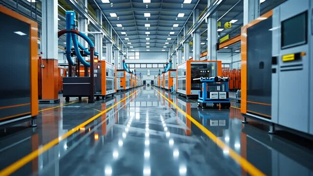 A spacious manufacturing facility features advanced automated machines lined up neatly along a glossy floor, showcasing a clean and organized workspace during daylight