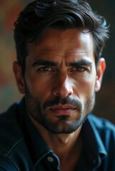 Fototapeta premium Young Man with Intense Gaze and Defined Features.