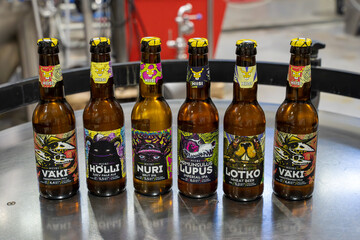 Jyvaskyla, Finland - 07.10.2024: Hiisi craft beer bottles in brewery