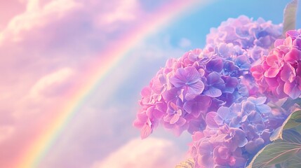 Hydrangea Flowers in the Sky with Rainbow. AI generated illustration.