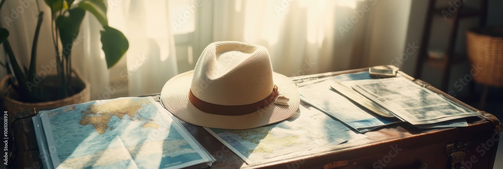 Aufkleber A travel hat is placed on an open suitcase surrounded by maps and travel guides, capturing the excitement of planning for new adventures. Generative AI