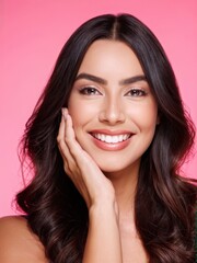 Obraz premium Close-up portrait of a woman with glowing skin and a bright smile, with her hand gently on her face, against a pink background. Generative AI