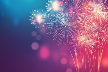 Obraz premium Bright fireworks display on festive purple background