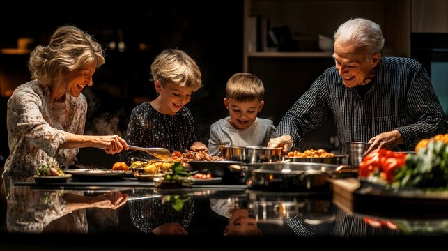 Joyful Family Cooking Together with Grandparents