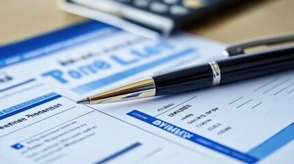 A pen resting on a property loan application alongside a credit score report and a document analyzing interest rates, capturing the preparation stage for mortgage approval