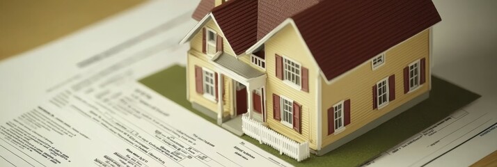 Document with mortgage rate analysis and credit score report beside a miniature house and loan approval letter, capturing the comprehensive steps of a mortgage application