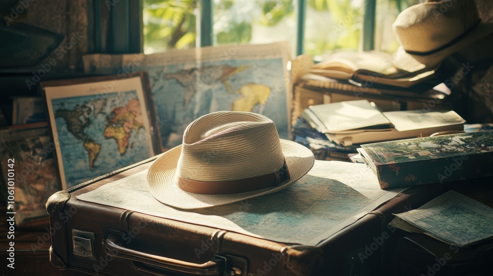 Aufkleber A travel hat is placed on an open suitcase, accompanied by various maps and travel guides, creating a sense of wanderlust. Generative AI