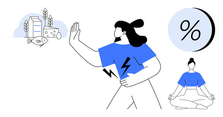 Person avoiding fish, dairy, and wheat while holding stomach in discomfort. Meditation pose for balance and health improvement. Ideal for health, diet, fitness, meditation, wellness, nutrition