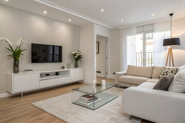 Modern Minimalist Living Room Interior with Neutral Tones and Contemporary Decor