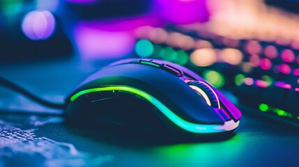 Gaming Mouse with Neon Lights in the Background. AI generated illustration