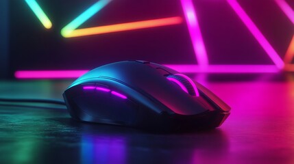 Gaming Mouse with Neon Lights in the Background. AI generated illustration