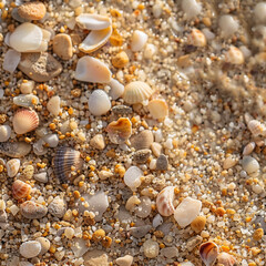 Fototapeta premium A close-up of seashells and pebbles on a beach in the afternoon sun
