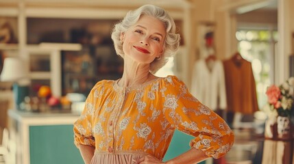 Elegant Mature Woman Posing Confidently in Stylish Fashionable Outfit