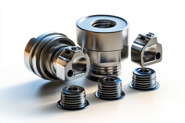 Precision metal piston car parts closeup on a white background, showcasing intricate design, high-quality materials and seamless finish. These components symbolize power, performance, and engineering 