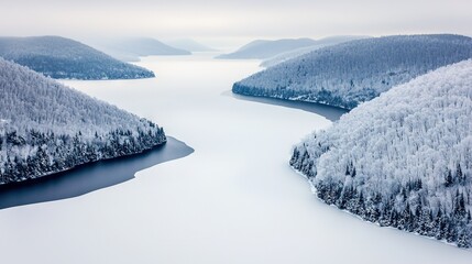 Obraz premium An aerial view of a lake, surrounded by snow-capped mountains and trees in the foreground, shows a serene body of water in the background