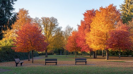 An autumn park with benches surrounded by trees in their full fall colors, all glowing warmly in the golden light of late afternoon.