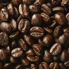 Fresh, dark roasted coffee beans glistening with water droplets