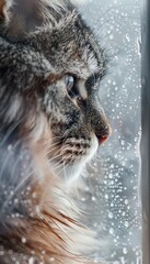 Norwegian Forest Cat in Wintry Window Scene: Perfect for Winter-Themed Designs