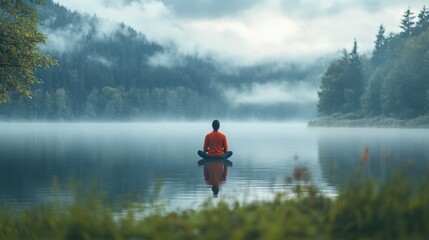 Individual Practicing Mindful Breathing by a Serene Lake