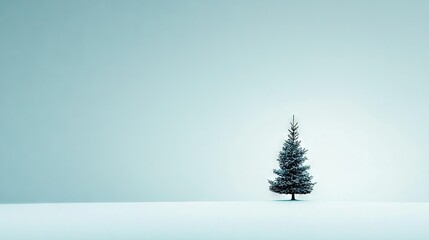   A lone pine tree stands in a snow-covered field, framed by a light blue sky